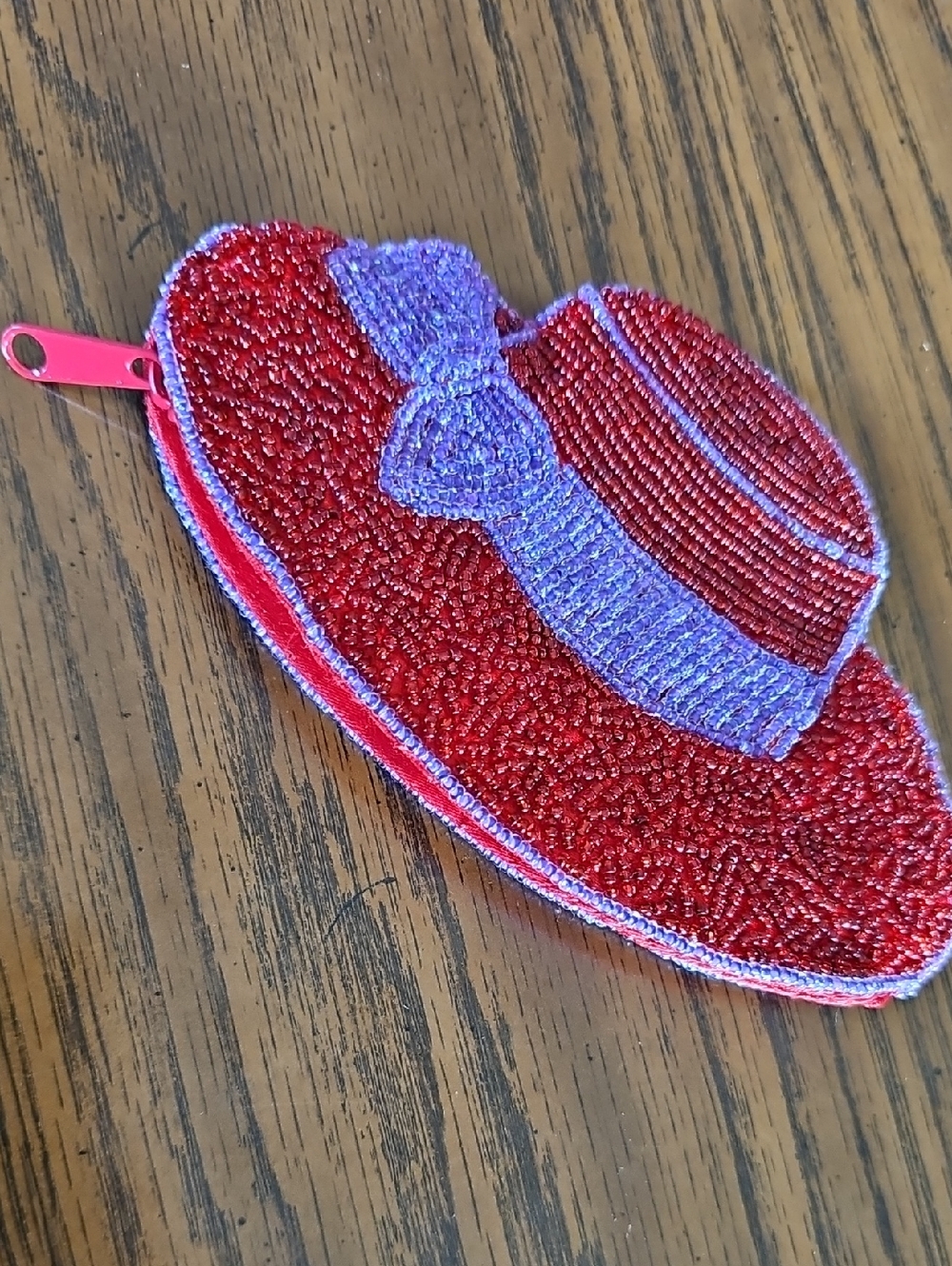 Beaded Red Hat Coin Purse with Lavender Bow